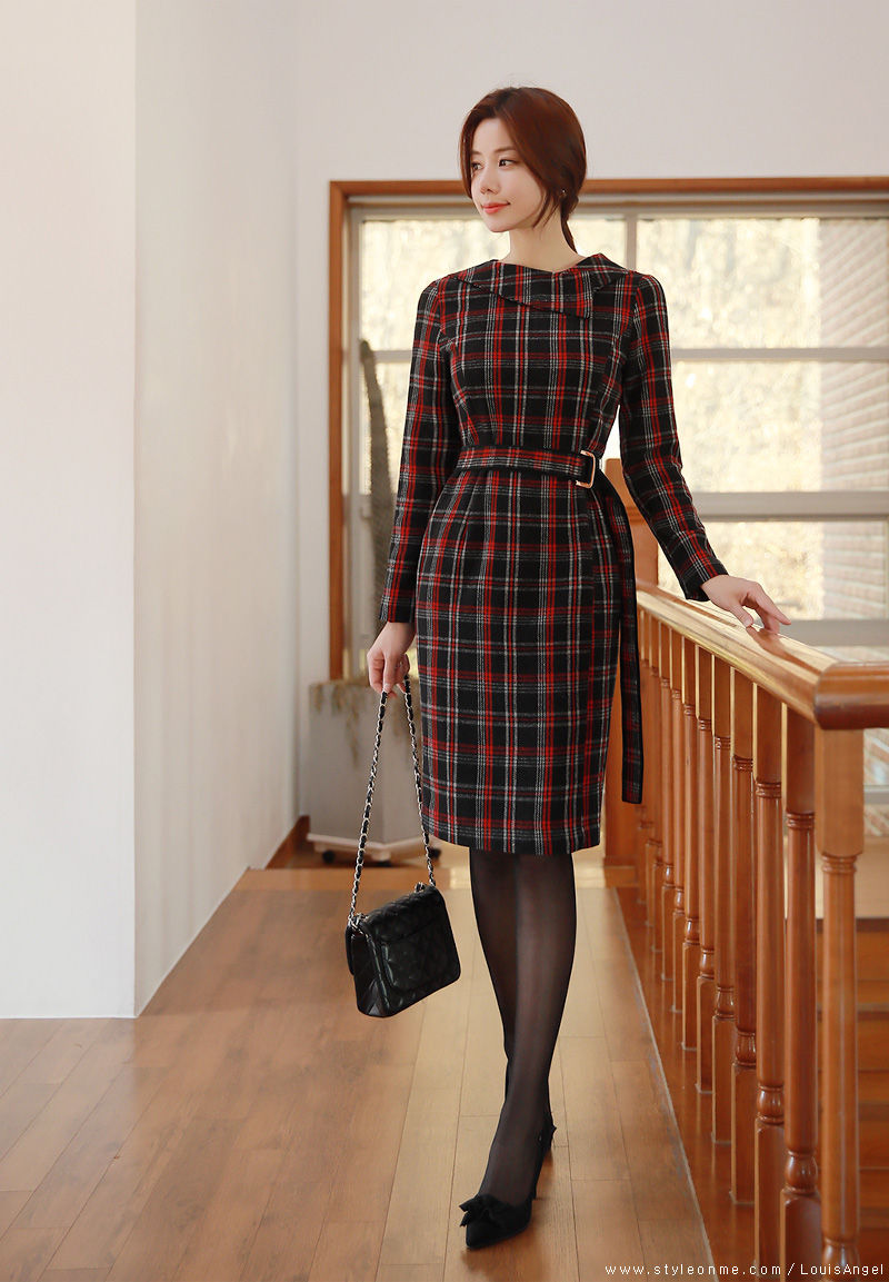 韩国时装模特，黑丝格纹半身裙-图片11